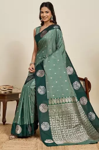 Drak green zari work silk blend saree with blouse