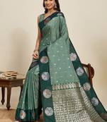 Drak green zari work silk blend saree with blouse