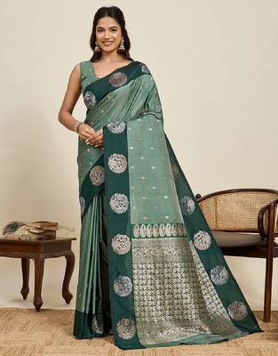 Drak green zari work silk blend saree with blouse 2