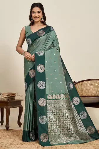 Drak green zari work silk blend saree with blouse