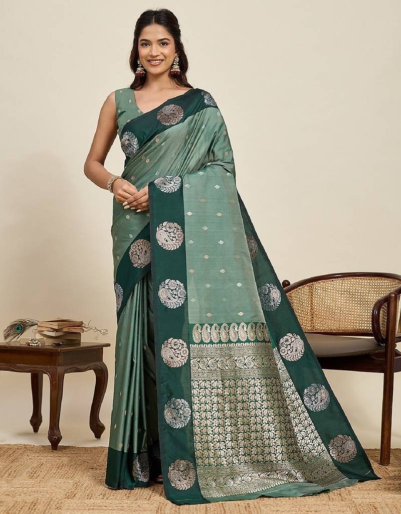Drak green zari work silk blend saree with blouse