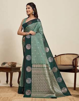 Drak green zari work silk blend saree with blouse 3
