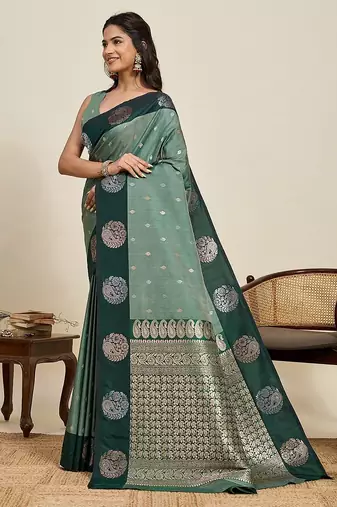 Drak green zari work silk blend saree with blouse