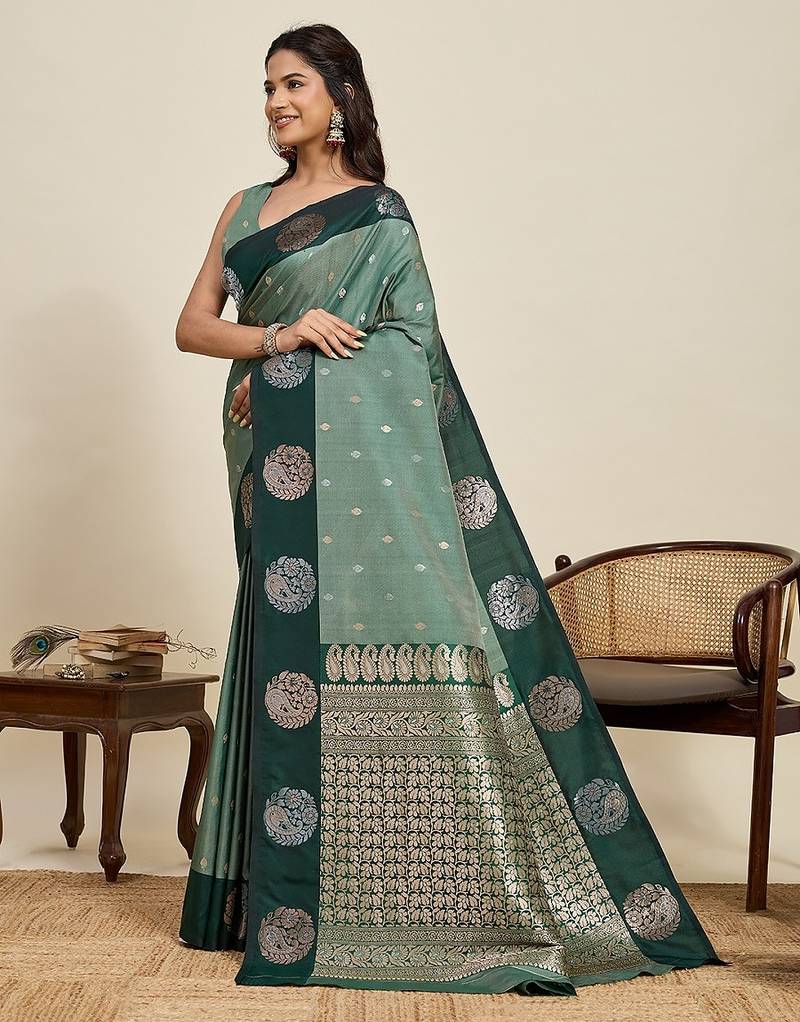 Drak green zari work silk blend saree with blouse