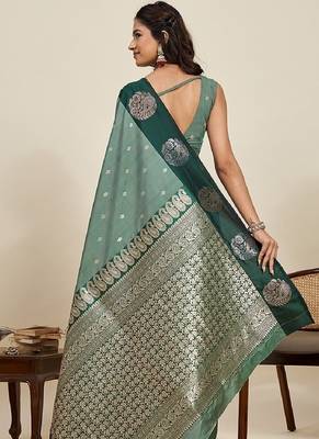 Drak green zari work silk blend saree with blouse 4
