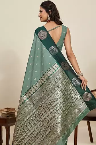 Drak green zari work silk blend saree with blouse