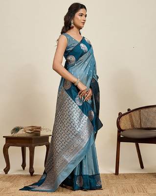 Blue zari work silk blend saree with blouse 1