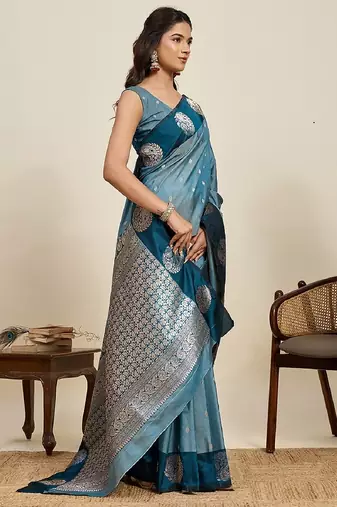 Blue zari work silk blend saree with blouse