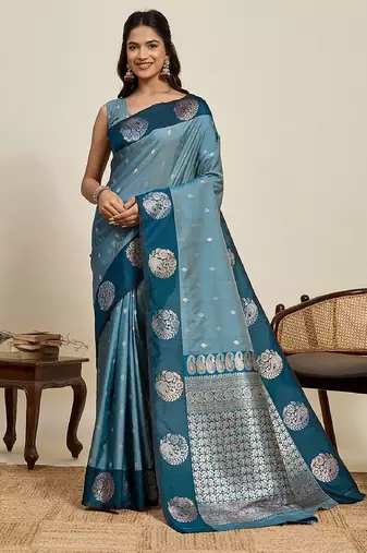 Blue zari work silk blend saree with blouse