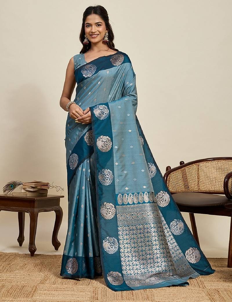 Blue zari work silk blend saree with blouse