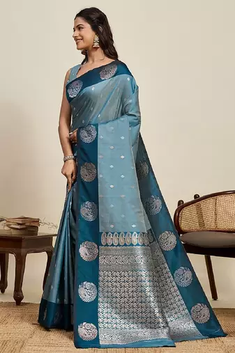 Blue zari work silk blend saree with blouse