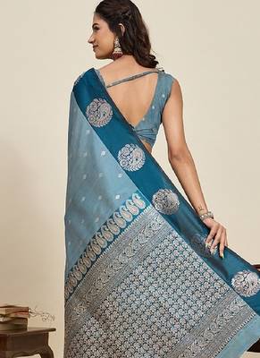 Blue zari work silk blend saree with blouse 4