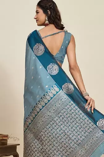 Blue zari work silk blend saree with blouse