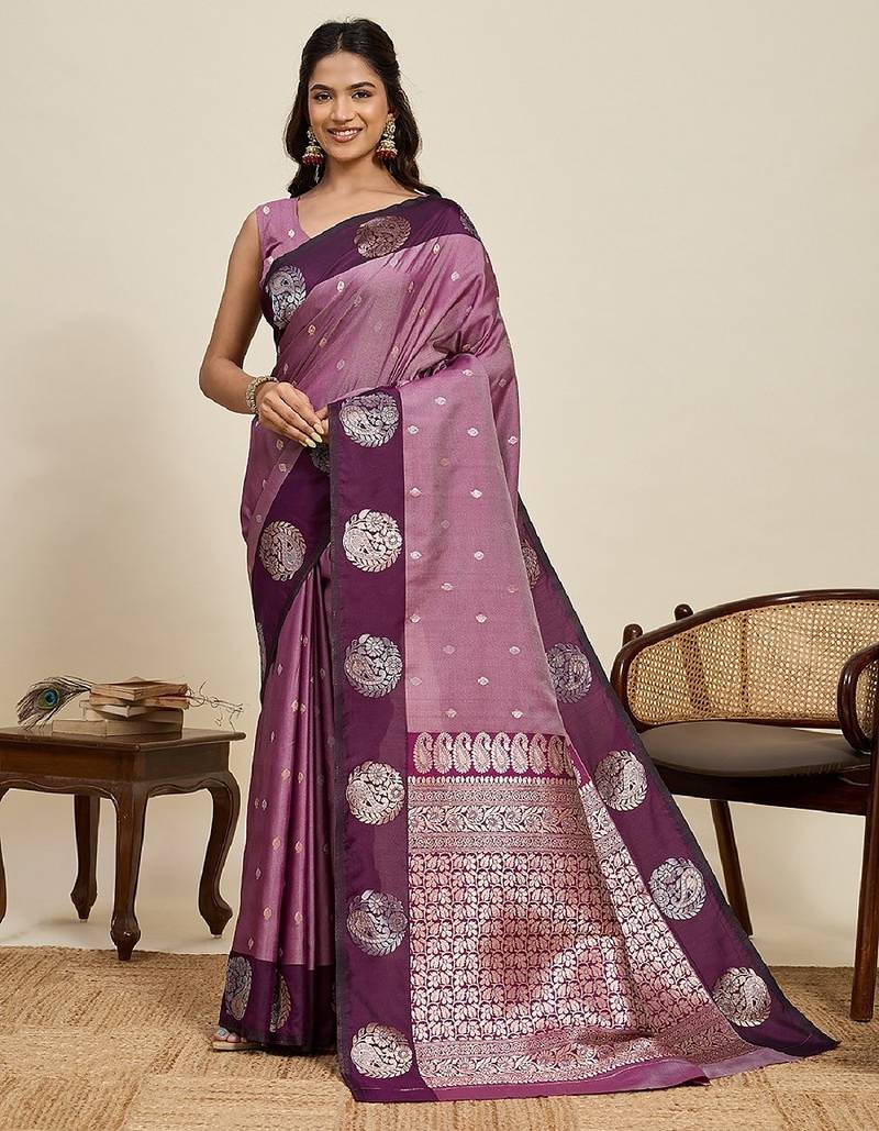 Wine zari work silk blend saree with blouse