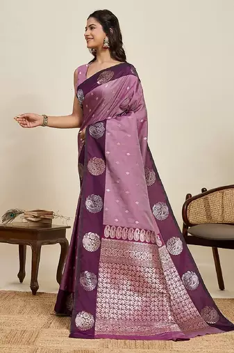 Wine zari work silk blend saree with blouse