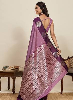 Wine zari work silk blend saree with blouse 4
