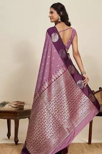 Wine zari work silk blend saree with blouse