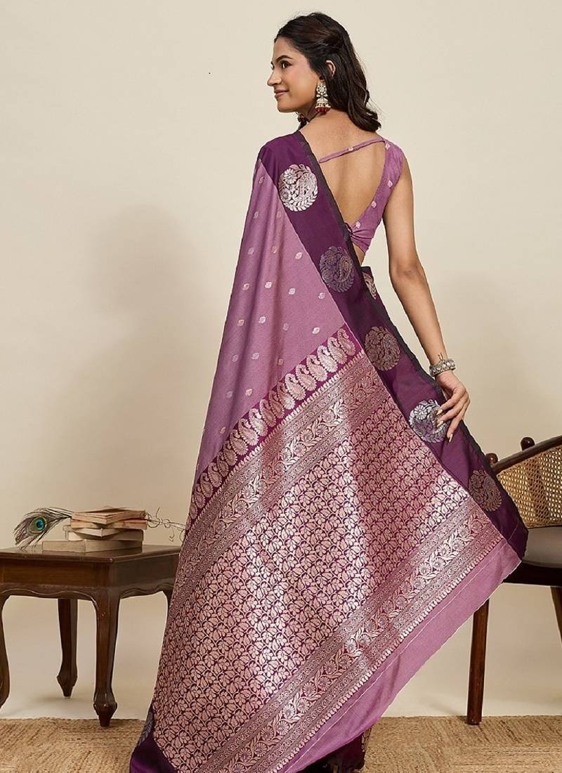 Wine zari work silk blend saree with blouse