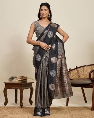 Black zari work silk blend saree with blouse 1