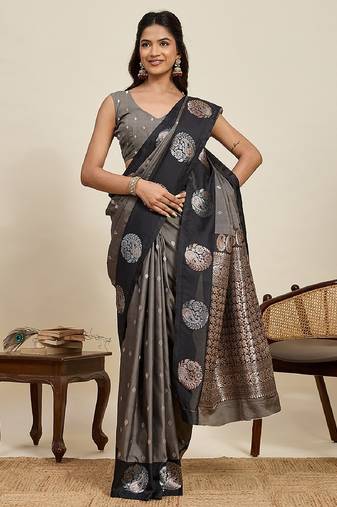 Black zari work silk blend saree with blouse