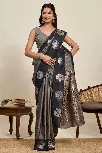 Black zari work silk blend saree with blouse