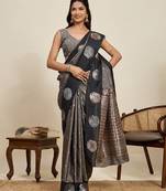 Black zari work silk blend saree with blouse