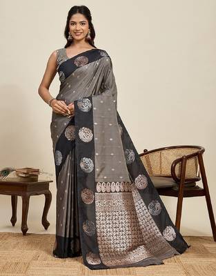 Black zari work silk blend saree with blouse 2