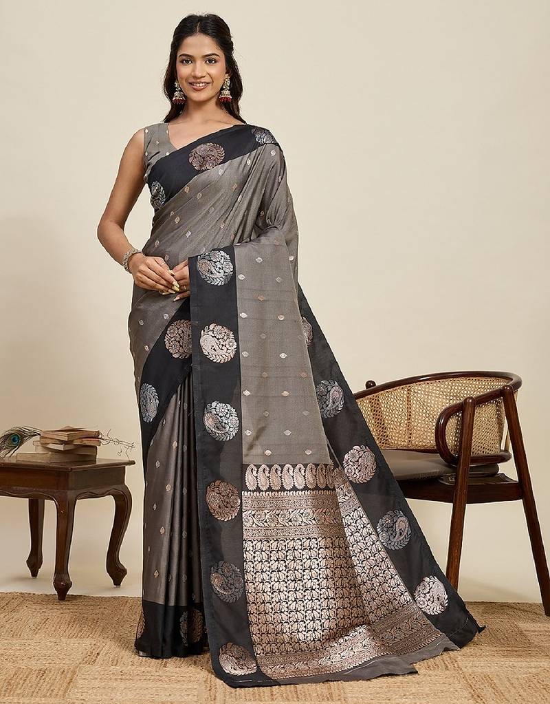 Black zari work silk blend saree with blouse