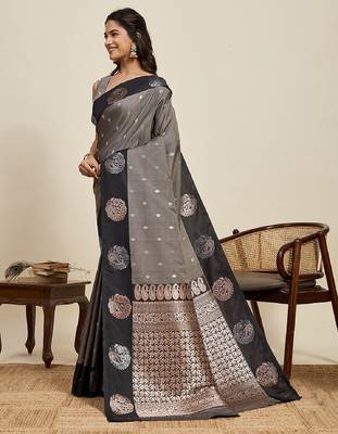 Black zari work silk blend saree with blouse 3