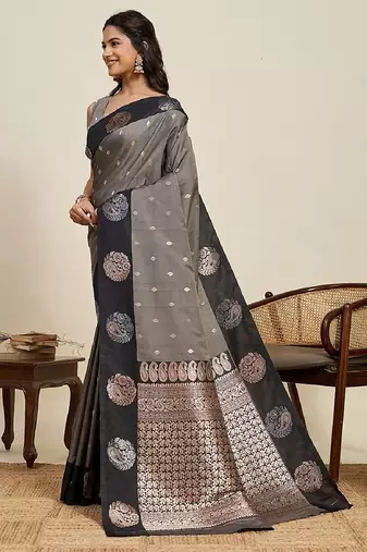 Black zari work silk blend saree with blouse