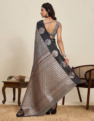 Black zari work silk blend saree with blouse 4