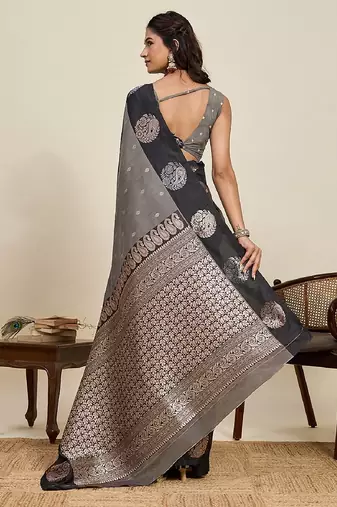Black zari work silk blend saree with blouse