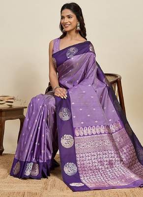 Purple zari work silk blend saree with blouse 1