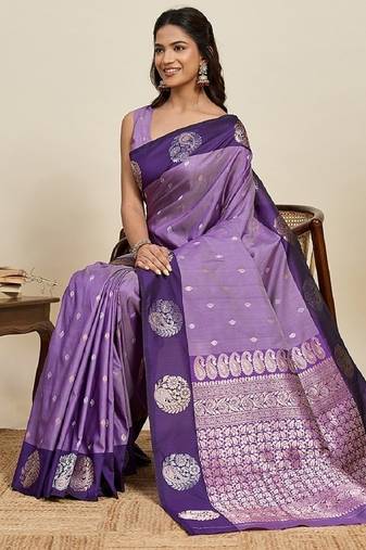Purple zari work silk blend saree with blouse