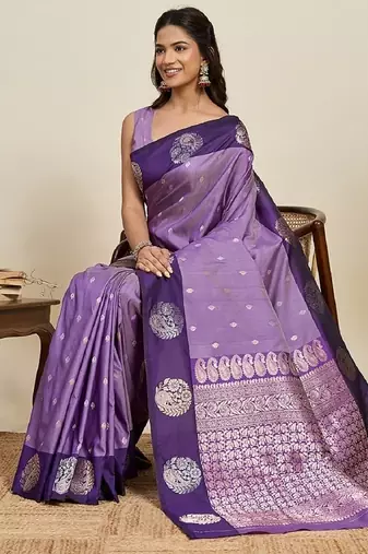 Purple zari work silk blend saree with blouse