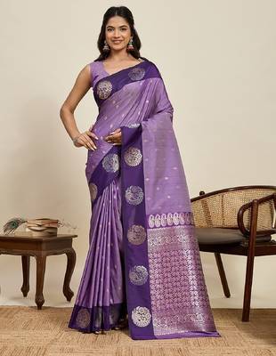 Purple zari work silk blend saree with blouse 2
