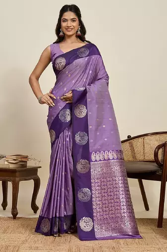Purple zari work silk blend saree with blouse