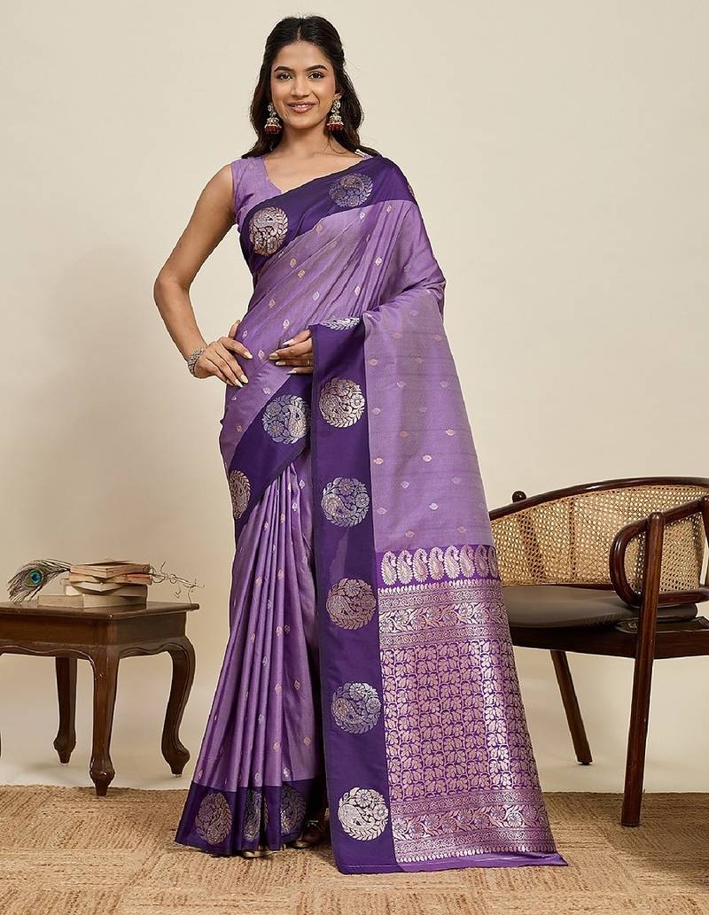 Purple zari work silk blend saree with blouse