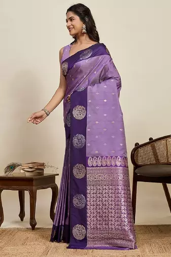 Purple zari work silk blend saree with blouse