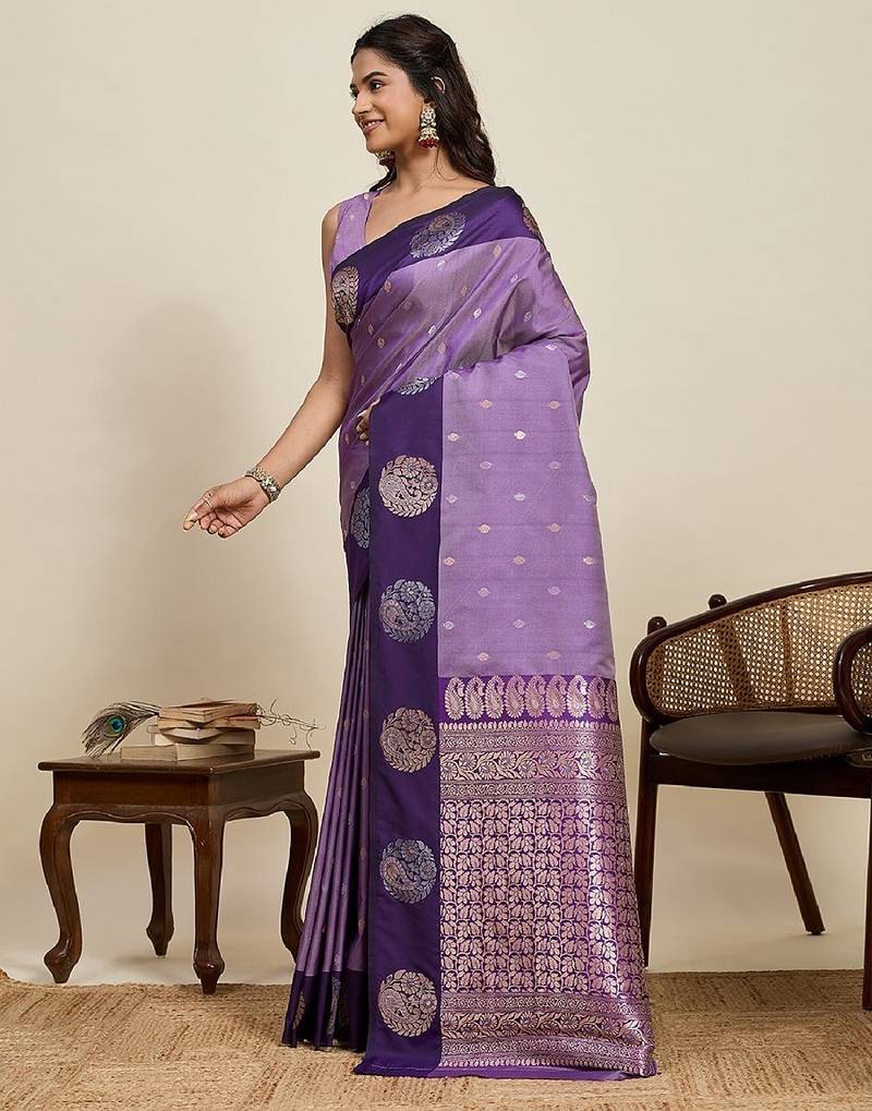 Purple zari work silk blend saree with blouse