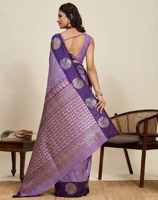 Purple zari work silk blend saree with blouse 4