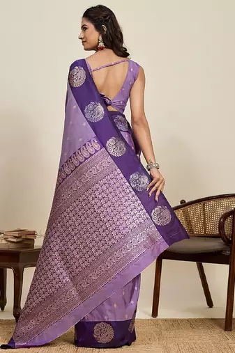Purple zari work silk blend saree with blouse