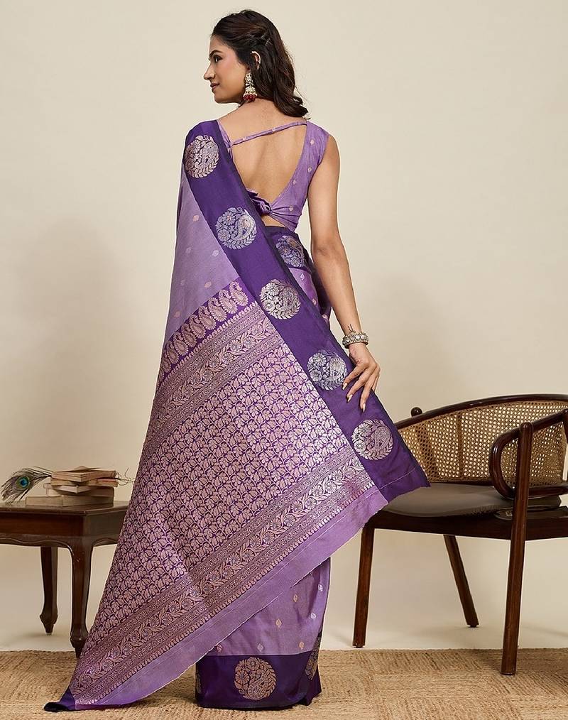 Purple zari work silk blend saree with blouse