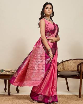 Rani pink zari work silk blend saree with blouse 1