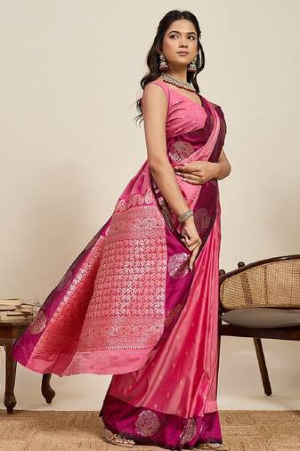 Rani pink zari work silk blend saree with blouse