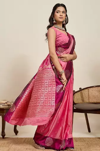 Rani pink zari work silk blend saree with blouse
