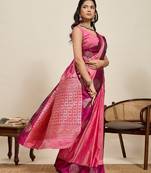 Rani pink zari work silk blend saree with blouse