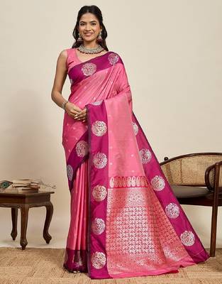 Rani pink zari work silk blend saree with blouse 2
