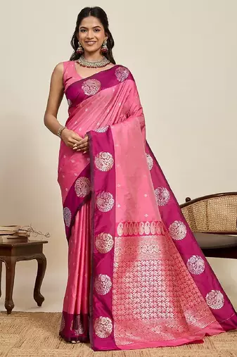 Rani pink zari work silk blend saree with blouse