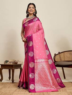 Rani pink zari work silk blend saree with blouse 3